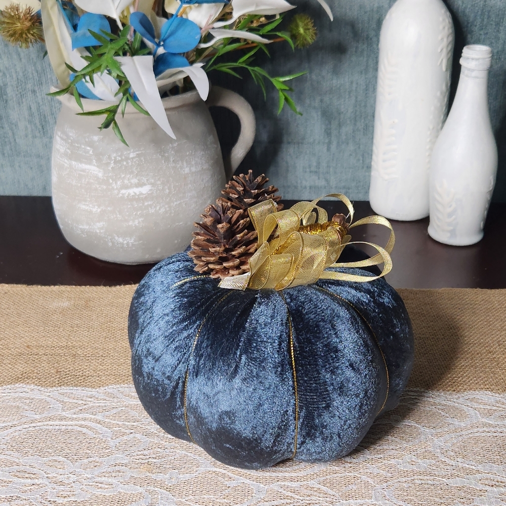 Velvet Pumpkin blue with gold ribbon